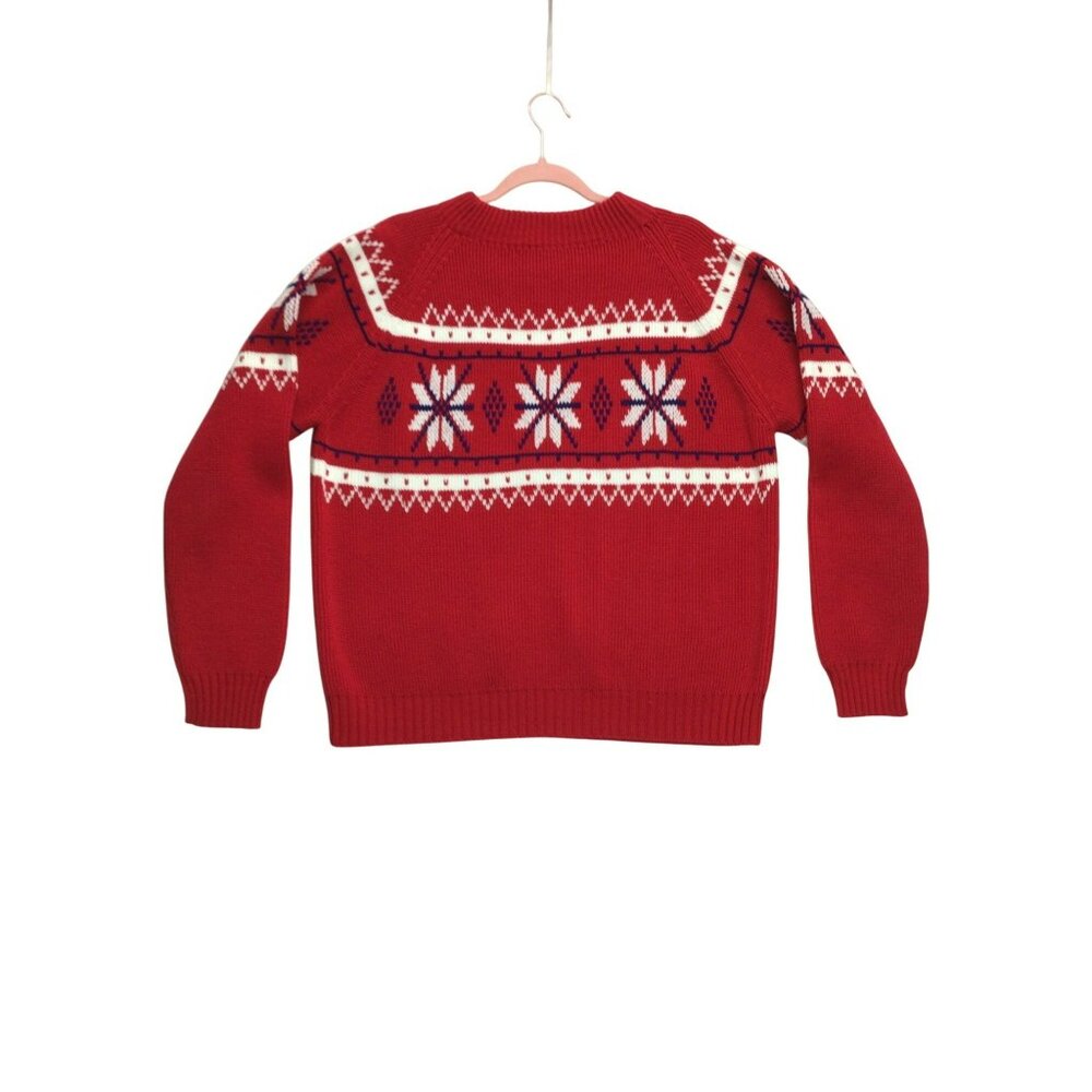 JC Penny Sweater Womens L Vtg 70s Knit Fair Isle Ski Snowflake Red Hearts